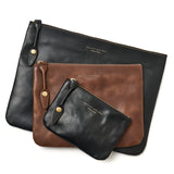 SQUARE ZIP & SNAP POUCH size L -BLACK LEATHER