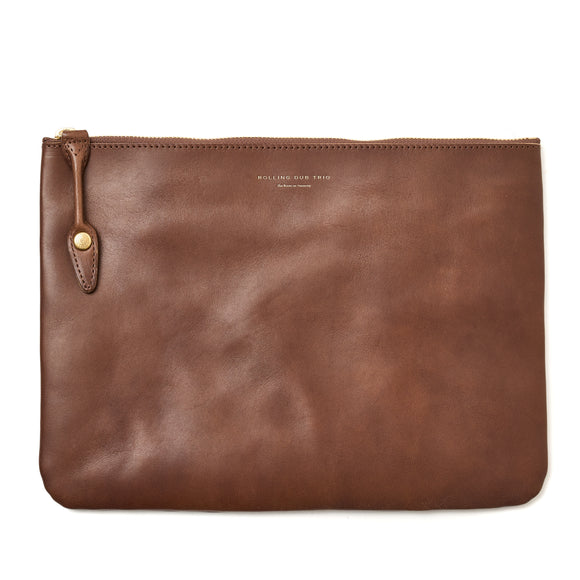 SQUARE ZIP & SNAP POUCH size L -BROWN LEATHER